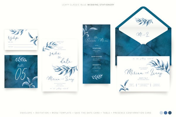 Invitaciones, minuta, mesero con el color classic blue 2020